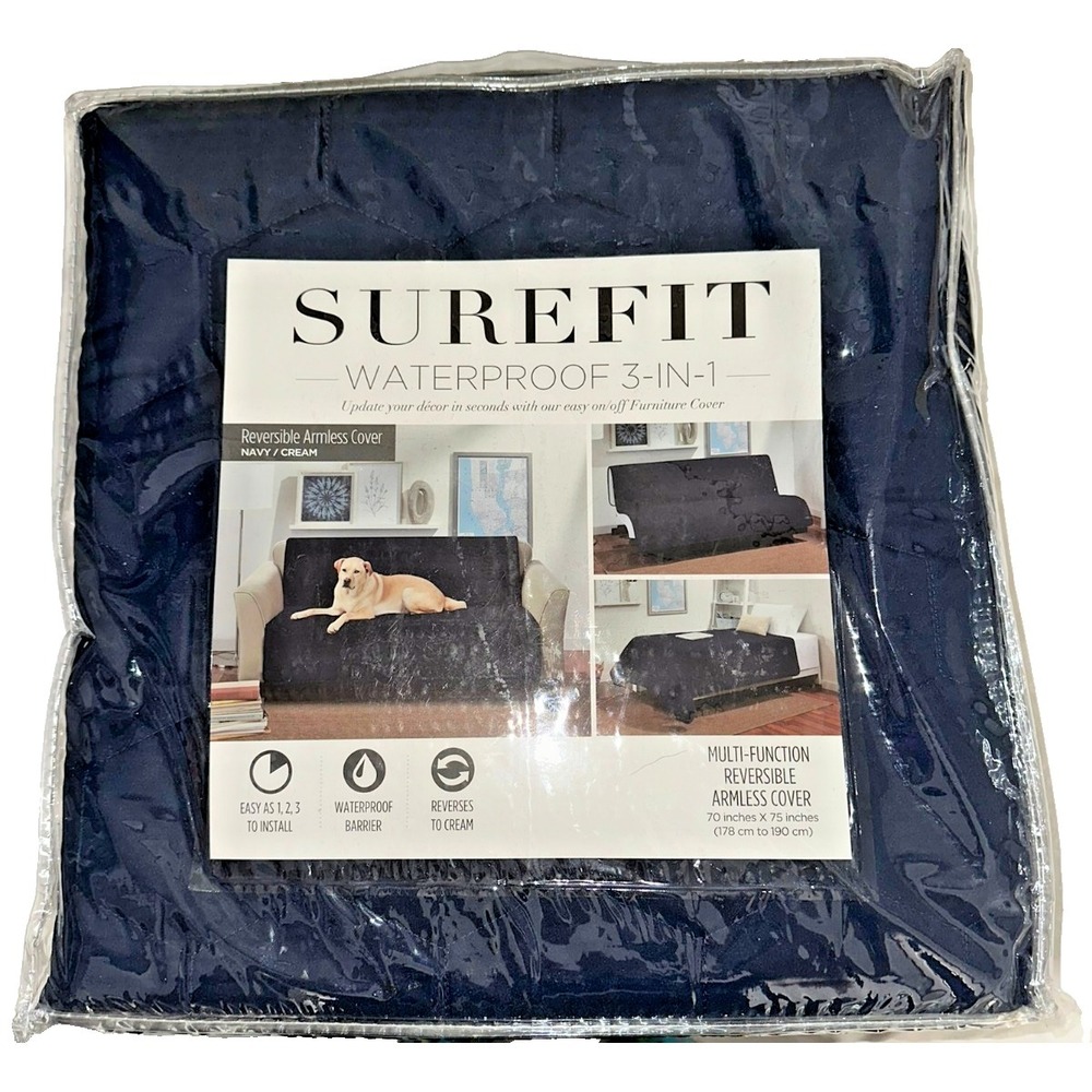 SureFit Waterproof 3-in-1 Reversible Armless Cover Navy/Cream 70"x75"